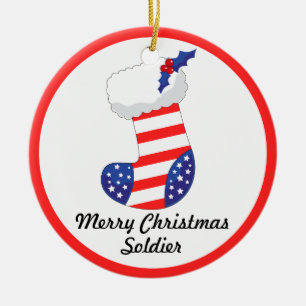 Patriotic Stocking - Merry Christmas Soldier Ceramic Ornament