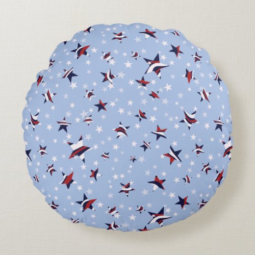 Patriotic Striped Stars Sky Blue Round Pillow