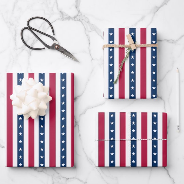 Patriotic Stripes with Stars (vertical) Wrapping Paper Sheets (Front)