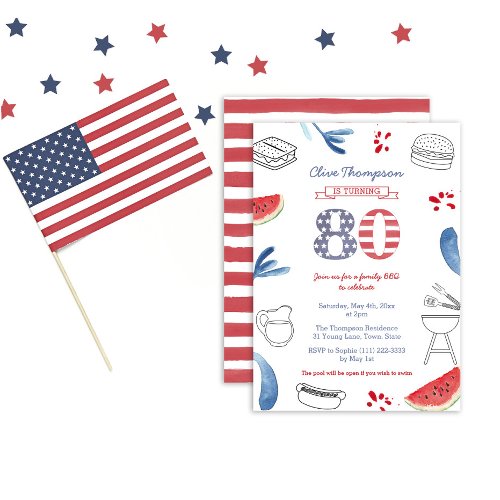 Patriotic Summer Cookout 80th Birthday Party Invitation
