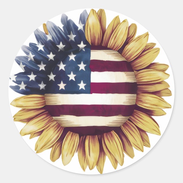 Patriotic Sunflower American Flag Rustic Classic Round Sticker (Front)