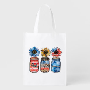 Patriotic Sunflowers in Jars God Blessed America Grocery Bag