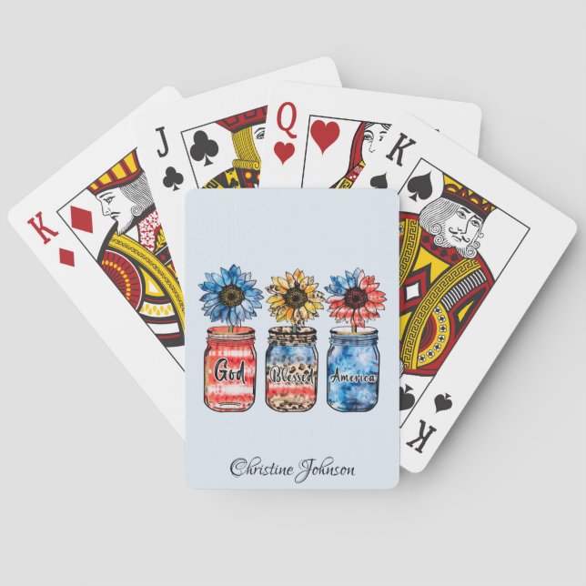 Patriotic Sunflowers in Jars | God Blessed America Poker Cards (Back)