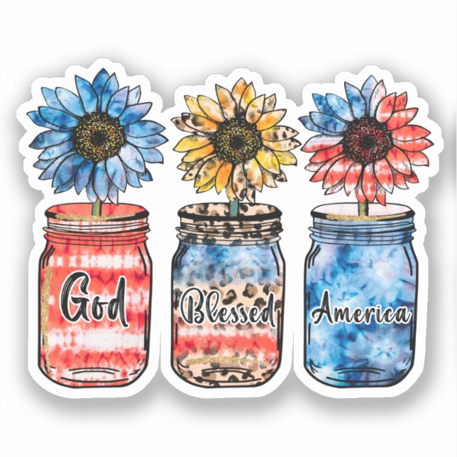 Patriotic Sunflowers in Jars | God Blessed America Sticker (Front)