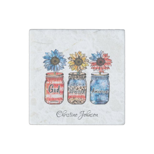 Patriotic Sunflowers in Jars | God Blessed America Stone Magnet (Front)