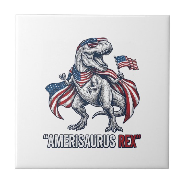 Patriotic T-Rex Amerisaurus Rex White Shirt Design Ceramic Tile (Front)