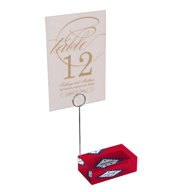 Patriotic table card holder with Flag of Arkansas (Corner)