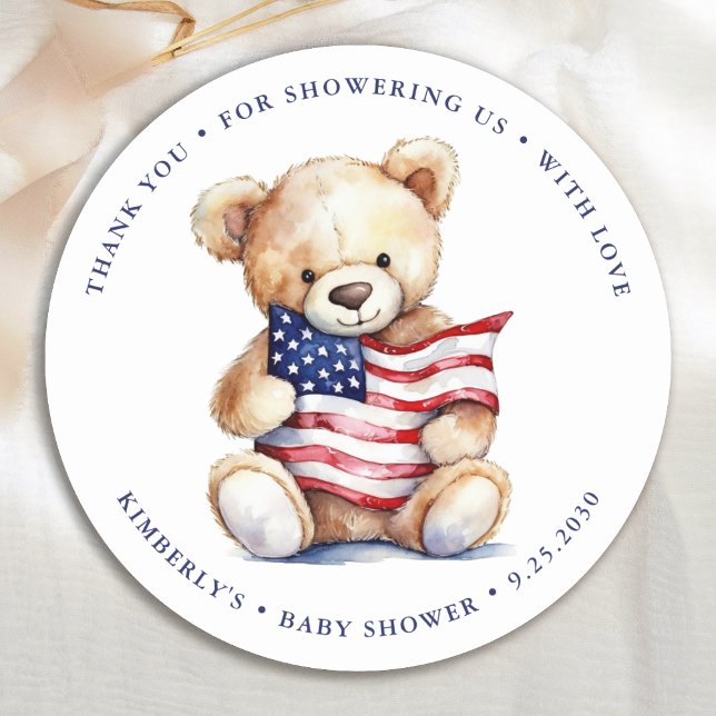 Patriotic Teddy Bear Red White Blue Baby Shower Classic Round Sticker (Creator Uploaded)