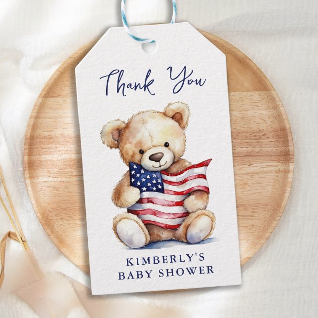 Patriotic Teddy Bear Red White Blue Baby Shower Gift Tags (Creator Uploaded)