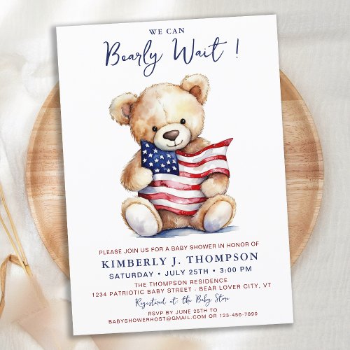 Patriotic Teddy Bear Red White Blue Baby Shower Invitation