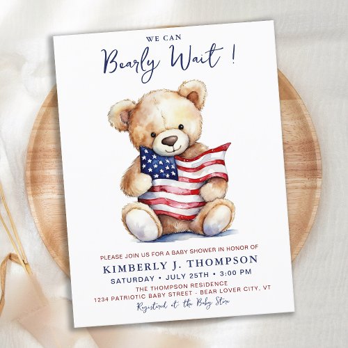 Patriotic Teddy Bear Red White Blue Baby Shower Invitation Postcard