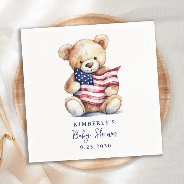 Patriotic Teddy Bear Red White Blue Baby Shower Napkins (Creator Uploaded)
