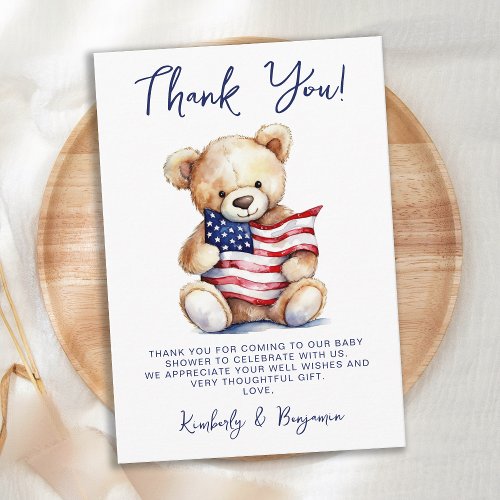 Patriotic Teddy Bear Red White Blue Baby Shower Thank You Card