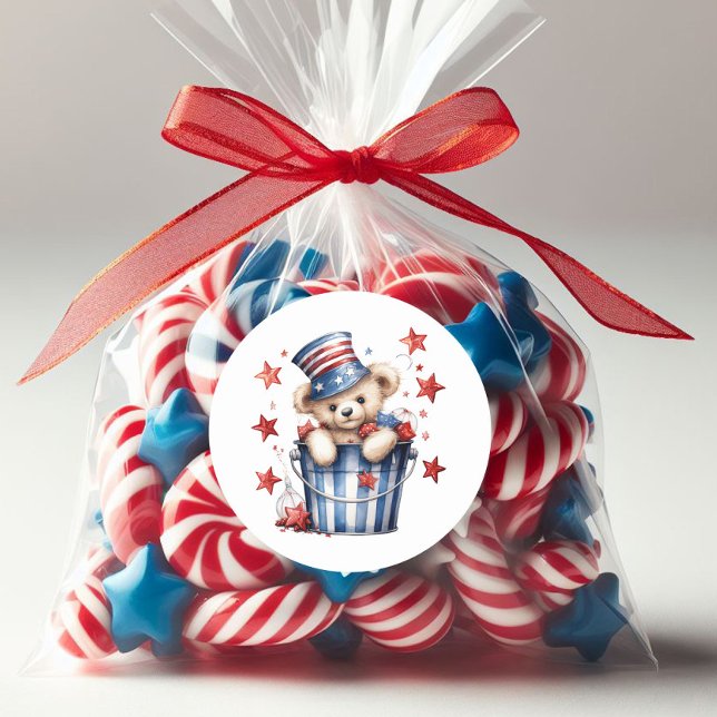 Patriotic Teddy Bear Stars Stripes American Flag Classic Round Sticker (Cute patriotic teddy bear sticker)