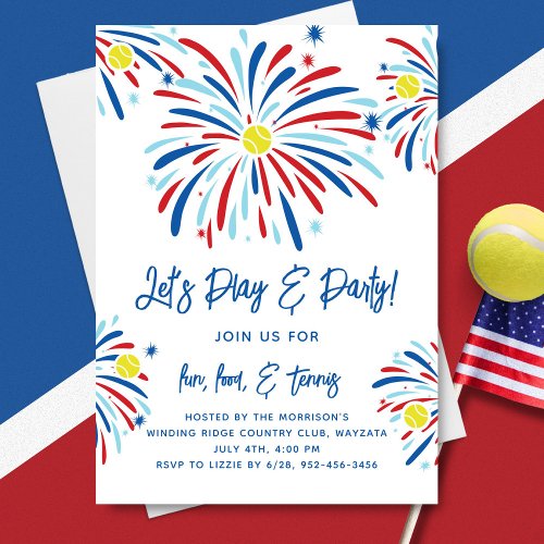 Patriotic Tennis  Fireworks 4th of July Party Invitation