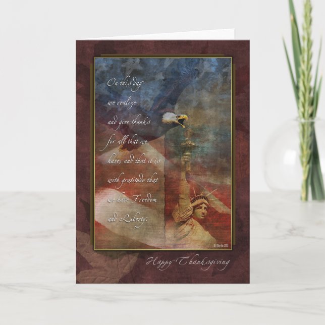 Patriotic Thanksgiving Card with Fall Leaves (Front)