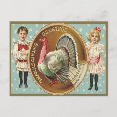 Patriotic Thanksgiving Turkey Children Stars Holiday Postcard