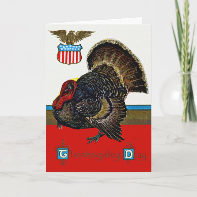 Patriotic Thanksgiving Turkey US Shield Eagle Holiday Card (Front)