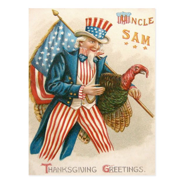 Patriotic Thanksgiving Uncle Sam Turkey US Flag Postcard