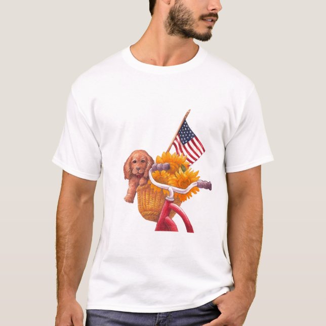 Patriotic Theme with Puppy, Flag and Sunflower  T-Shirt (Front)