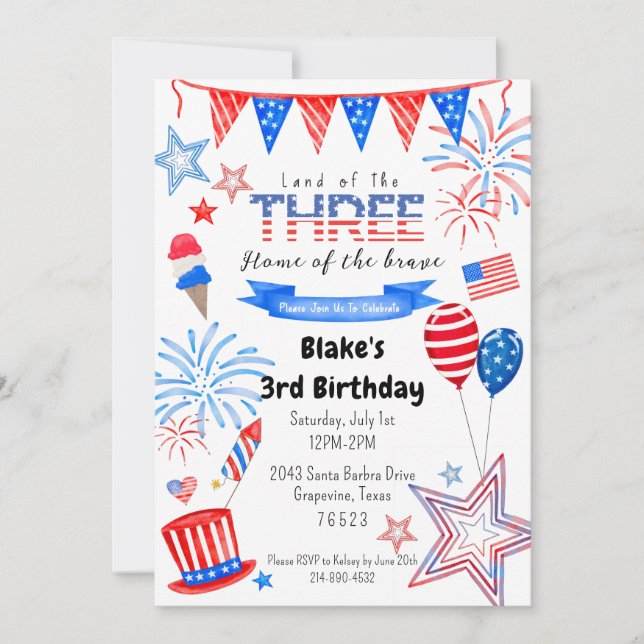 Patriotic third birthday kids invitation (Front)