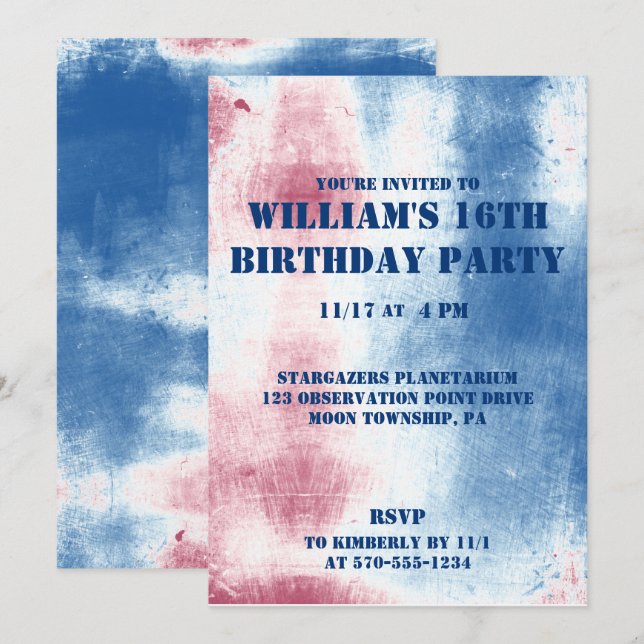 Patriotic Tie Dye Red, White & Blue Party Invitation (Front/Back)