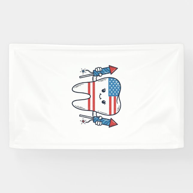 Patriotic Tooth Mascot Fireworks Vector Design_1 Banner (Horizontal)
