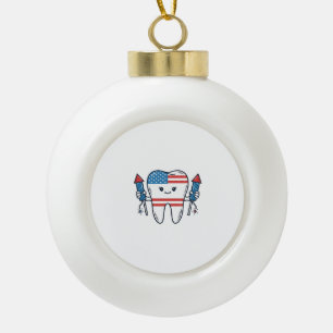 Patriotic Tooth Mascot Fireworks Vector Design_1 Ceramic Ball Christmas Ornament