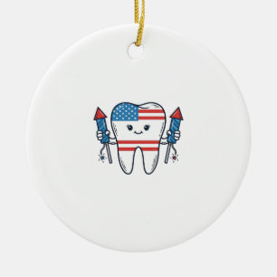 Patriotic Tooth Mascot Fireworks Vector Design_1 Ceramic Ornament