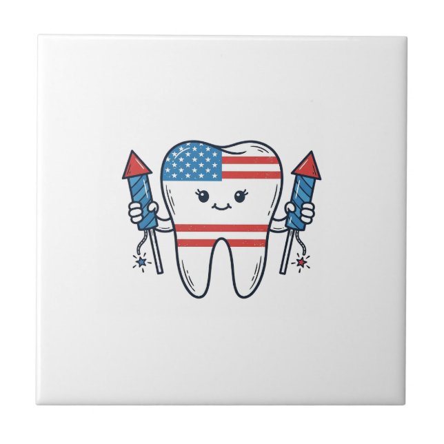 Patriotic Tooth Mascot Fireworks Vector Design_1 Ceramic Tile (Front)