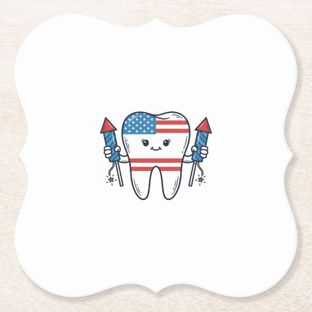 Patriotic Tooth Mascot Fireworks Vector Design_1 Paper Coaster (Front)