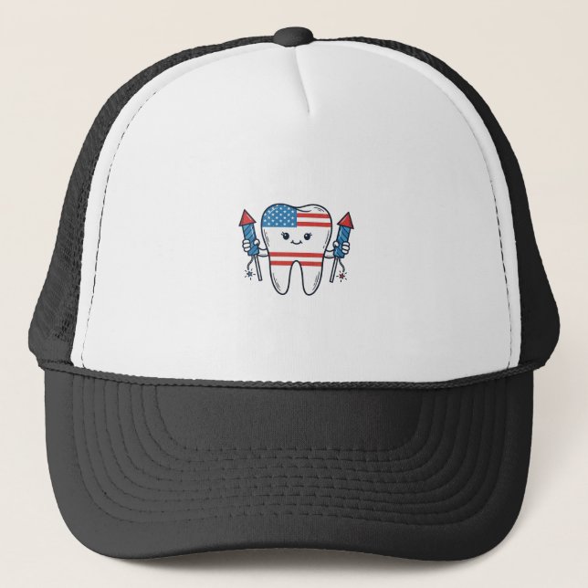 Patriotic Tooth Mascot Fireworks Vector Design_1 Trucker Hat (Front)