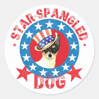 Patriotic Toy Fox Terrier Classic Round Sticker by DogsInk at Zazzle