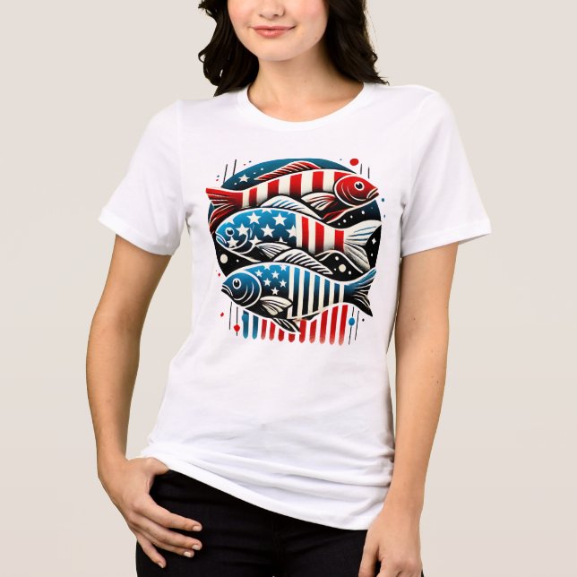 Patriotic Trio of Fish – Red, White & Blue Art Pri Tri-Blend Shirt (Front)