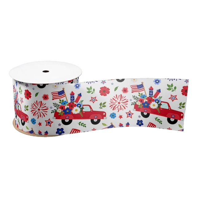Patriotic truck and fireworks pattern satin ribbon (Spool)