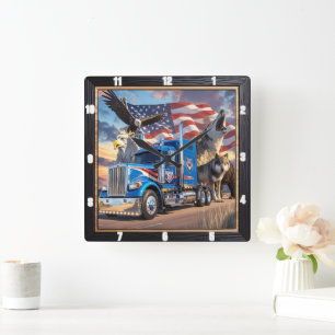 Patriotic Truck Eagle Wolf USA  Square Wall Clock