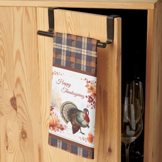 Patriotic Turkey Thanksgiving on Plaid Kitchen Towel (Thirds Fold)