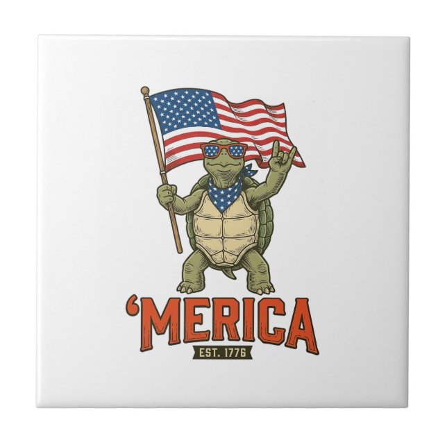 Patriotic Turtle ‘Merica Vintage Vector Ceramic Tile (Front)
