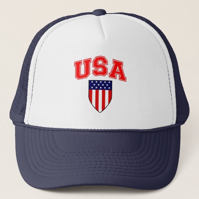 Patriotic U.S.A American Flag Shield Trucker Hat (Front)