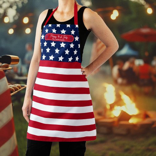 Patriotic US Flag Happy 4th of July Family Name Apron
