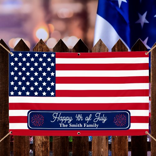 Patriotic US Flag Happy 4th of July Family Name Banner