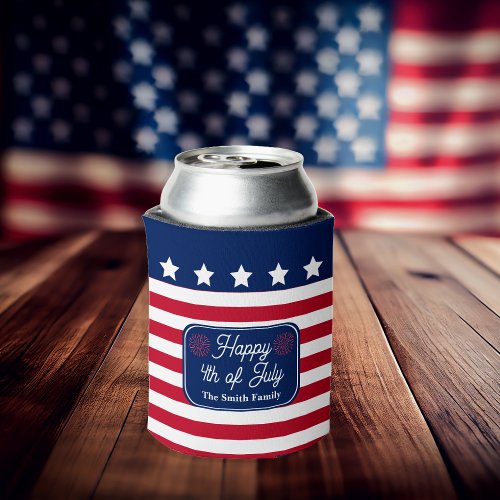 Patriotic US Flag Happy 4th of July Family Name Can Cooler