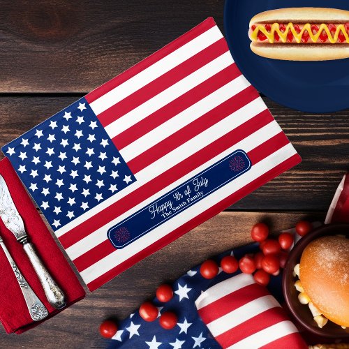Patriotic US Flag Happy 4th of July Family Name Cloth Placemat