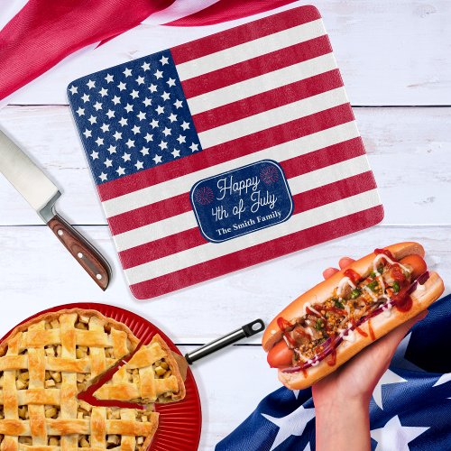 Patriotic US Flag Happy 4th of July Family Name Cutting Board