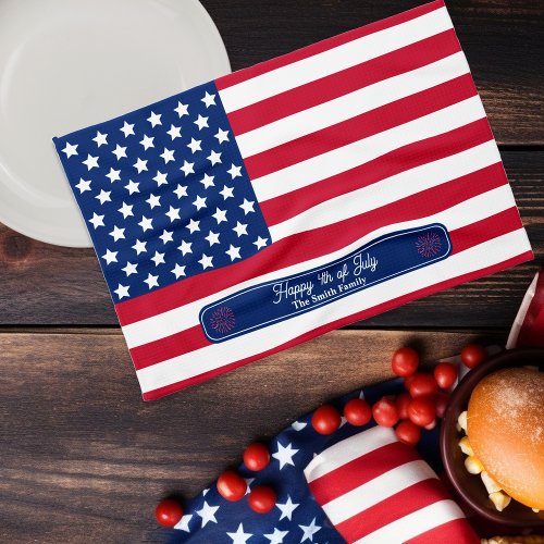 Patriotic US Flag Happy 4th of July Family Name Kitchen Towel