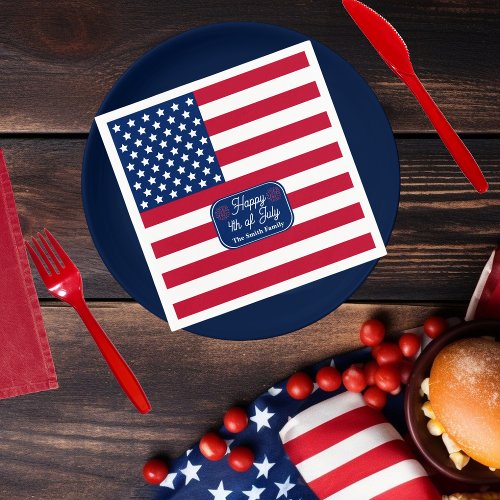 Patriotic US Flag Happy 4th of July Family Name Napkins