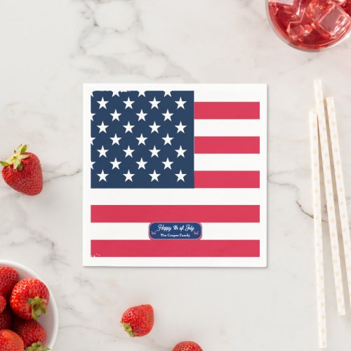 Patriotic US Flag Happy 4th of July Family Name Napkins
