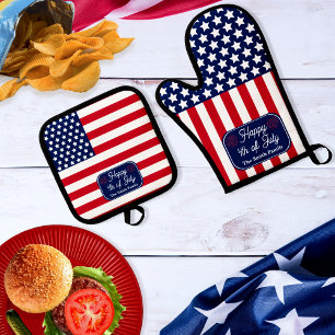 Patriotic U.S. Flag Happy 4th of July Family Name Oven Mitt & Pot Holder Set