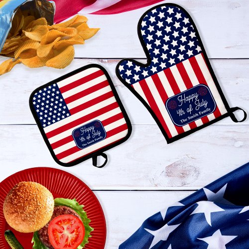 Patriotic US Flag Happy 4th of July Family Name Oven Mitt  Pot Holder Set