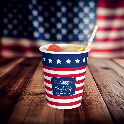 Patriotic US Flag Happy 4th of July Family Name Paper Cups